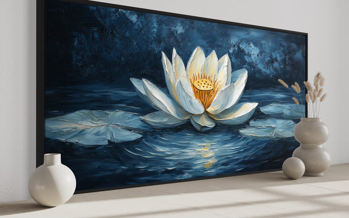White Lotus Wall Art – Navy Blue Floral Canvas Print for Meditation Room Decor