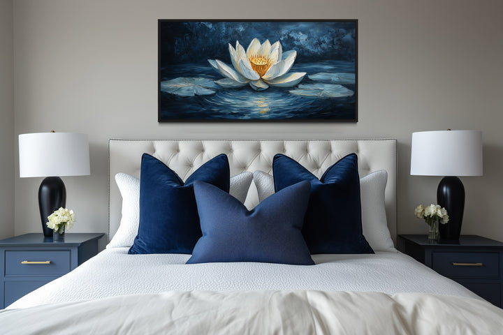White Lotus Wall Art – Navy Blue Floral Canvas Print for Meditation Room Decor