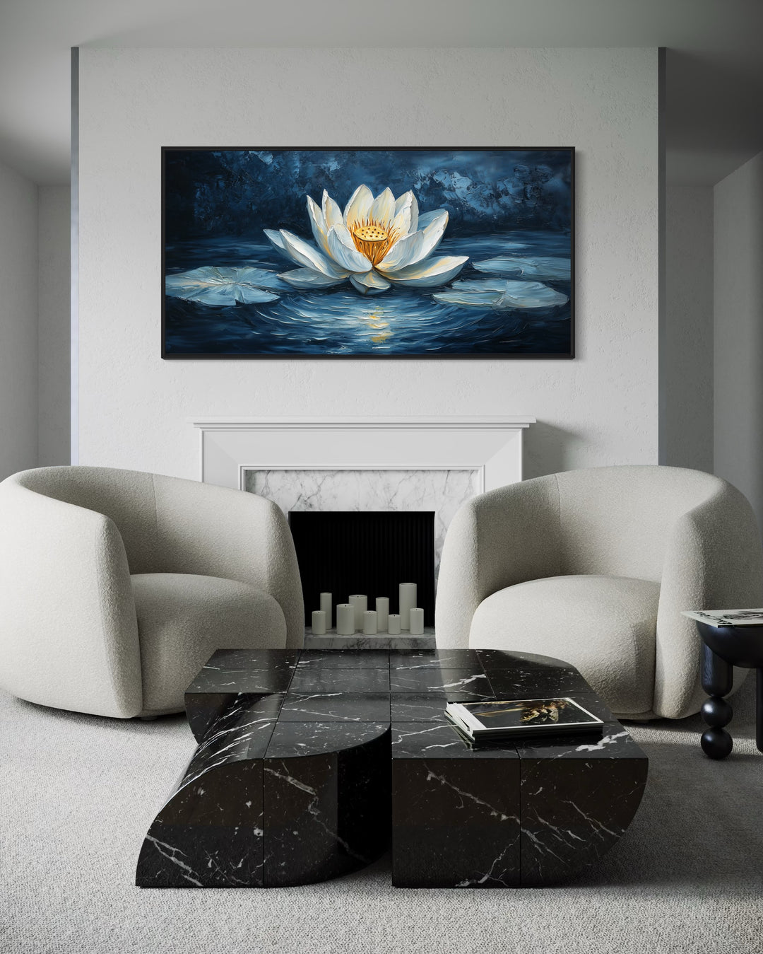 White Lotus Wall Art – Navy Blue Floral Canvas Print for Meditation Room Decor