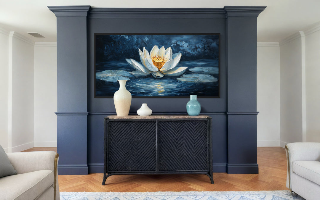 White lotus flower canvas print on a navy blue background.