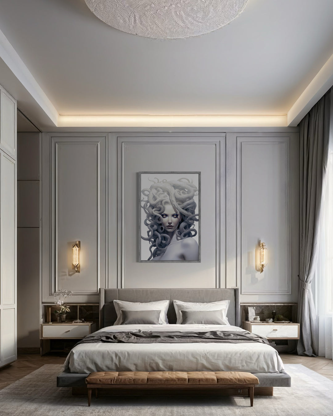 White Medusa Greek Gorgon framed canvas wall art hanging above a bed in a modern bedroom.