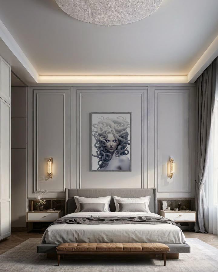 White Medusa Greek Gorgon framed canvas wall art hanging above a bed in a modern bedroom.