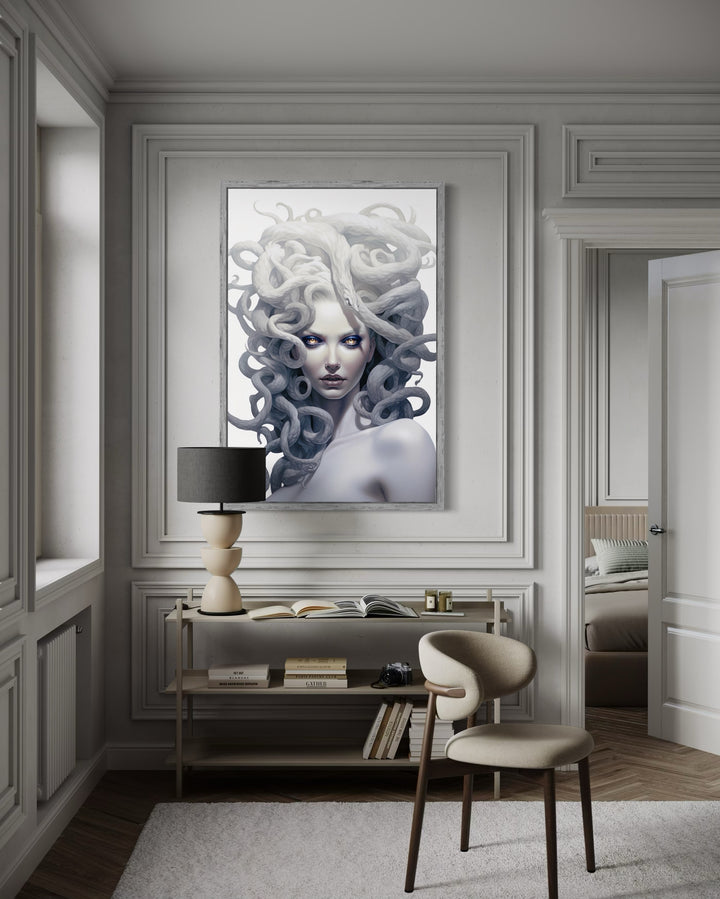 White Medusa Greek Gorgon framed canvas wall art hanging in a modern, neutral-toned room.