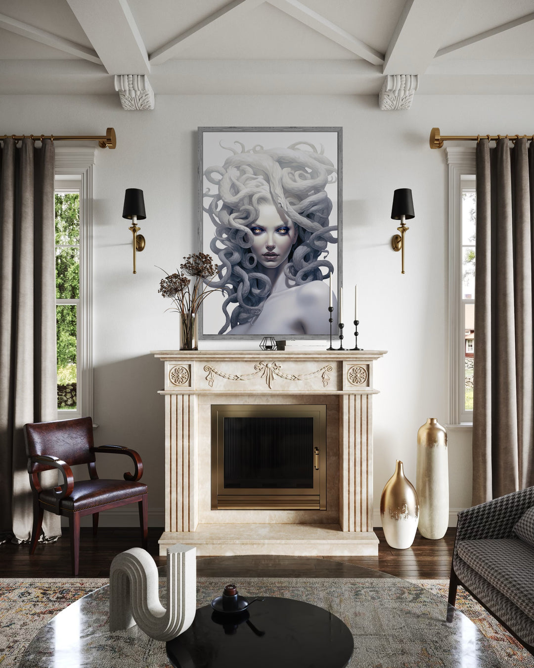 White Medusa Greek Gorgon framed canvas wall art hanging above a fireplace in a living room.