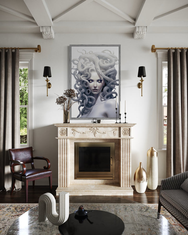White Medusa Greek Gorgon framed canvas wall art hanging above a fireplace in a living room.