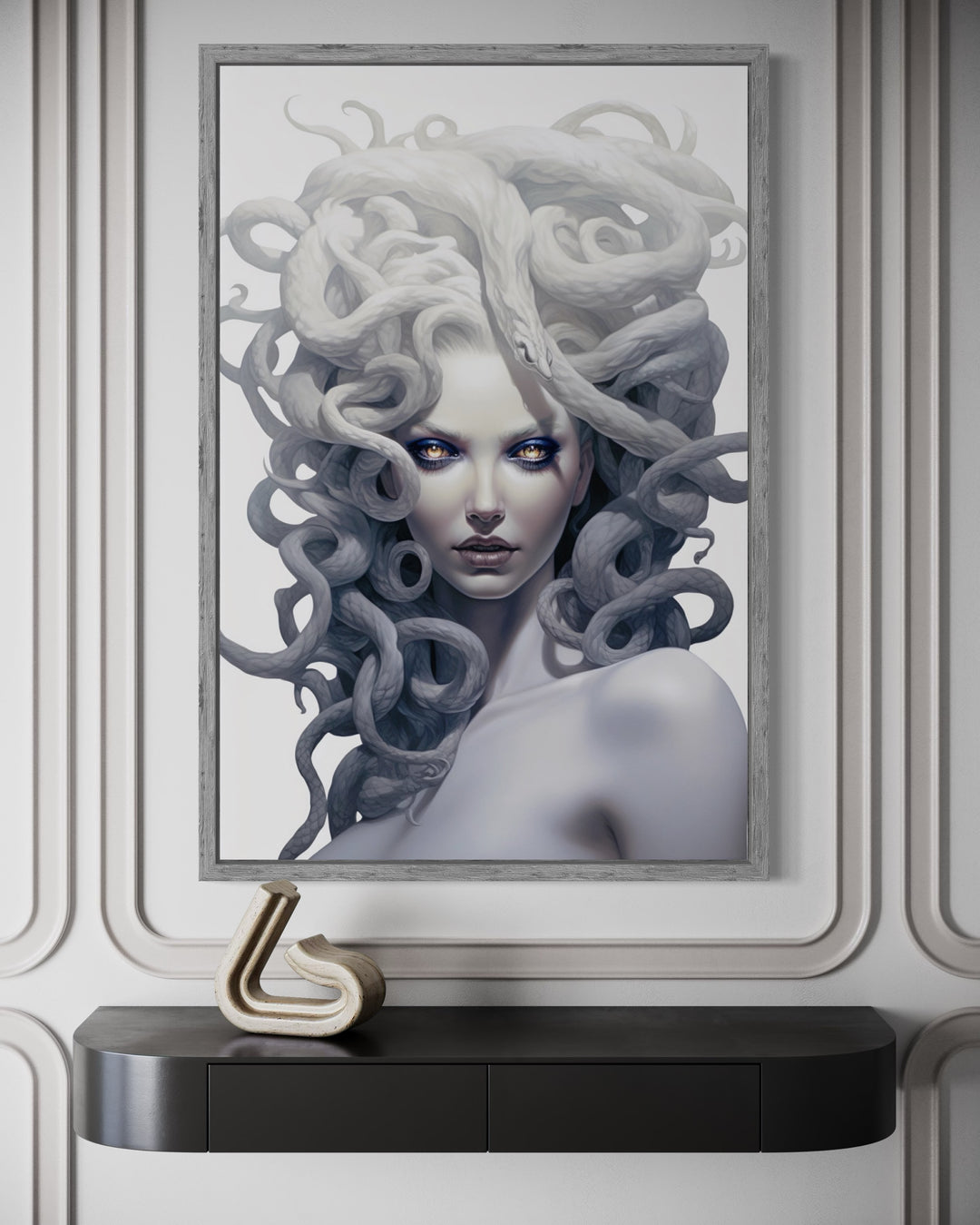 White Medusa Greek Gorgon framed canvas wall art featuring a monochrome portrait with snake hair.
