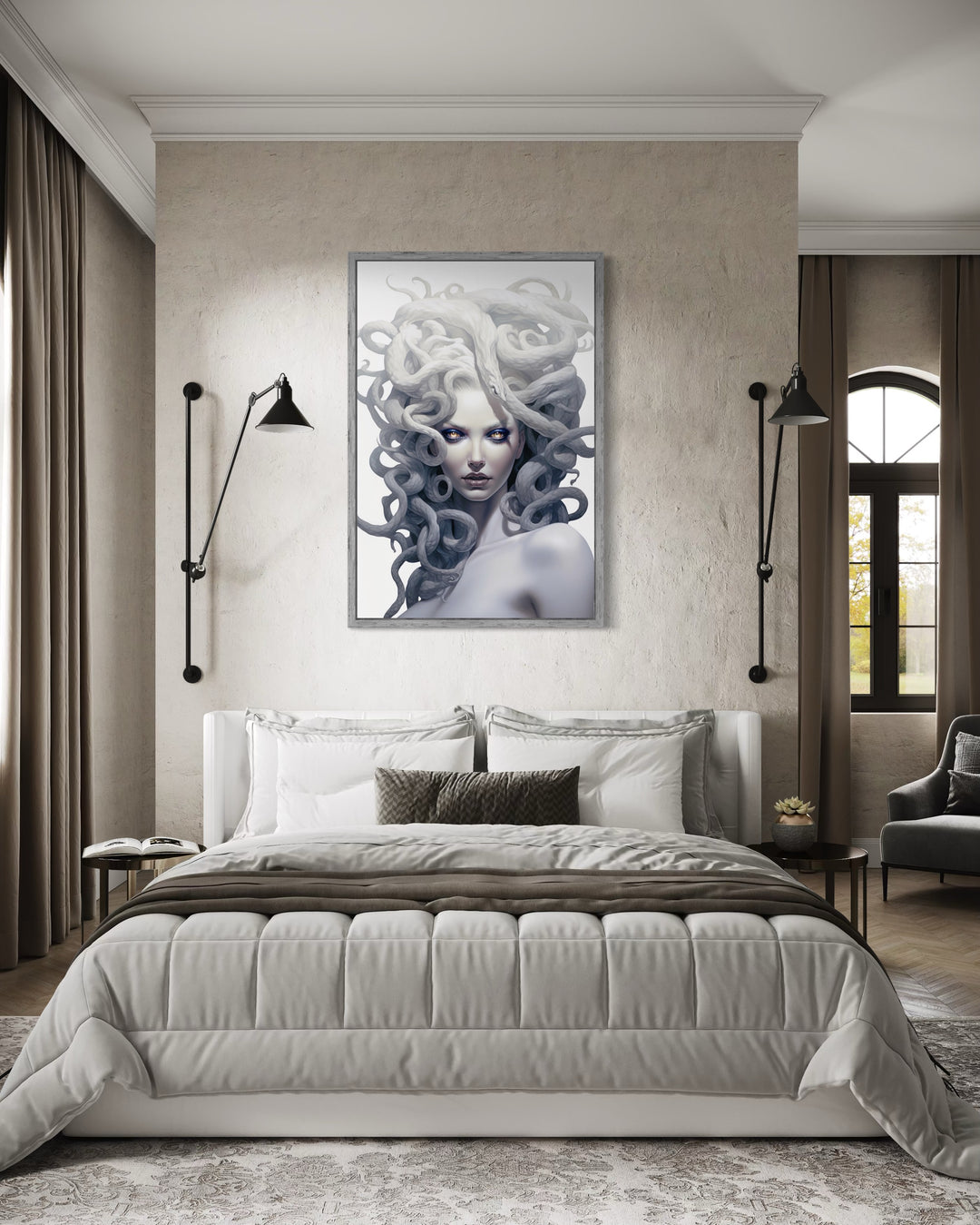 White Medusa Greek Gorgon framed canvas wall art hanging above a bed in a modern bedroom.