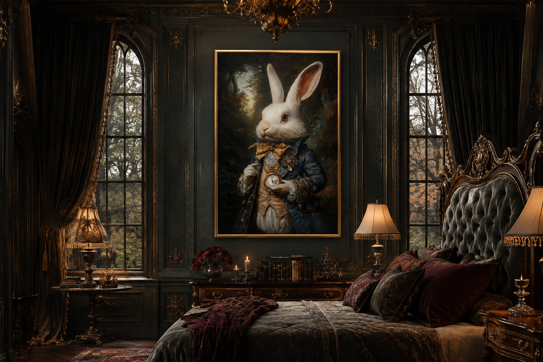 White Rabbit Victorian Portrait Framed Canvas Wall Art in a dark academia bedroom setting.