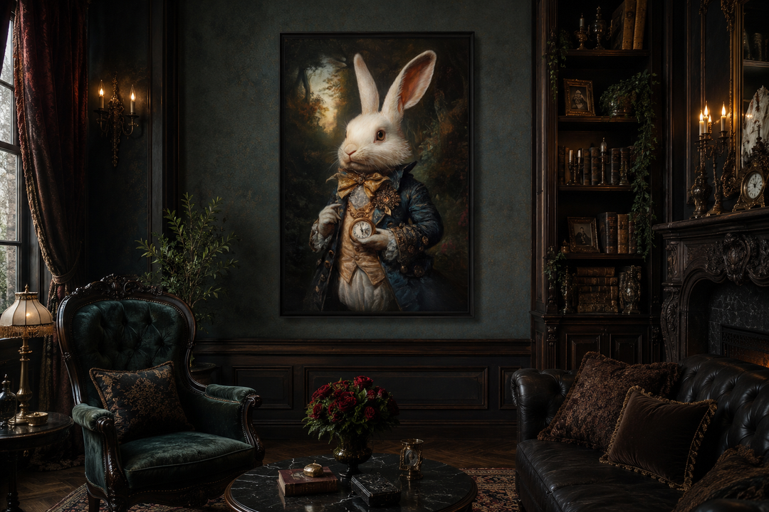 White Rabbit Victorian Portrait Framed Canvas Wall Art in a dark academia living room setting.