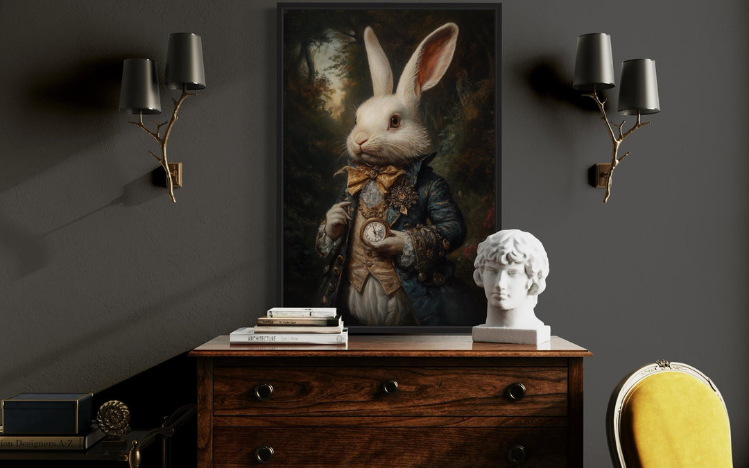 White Rabbit Victorian Portrait Framed Canvas Wall Art in a dark academia room setting.