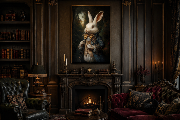 Framed canvas wall art of a white rabbit in Victorian attire hanging above a dark wood fireplace.