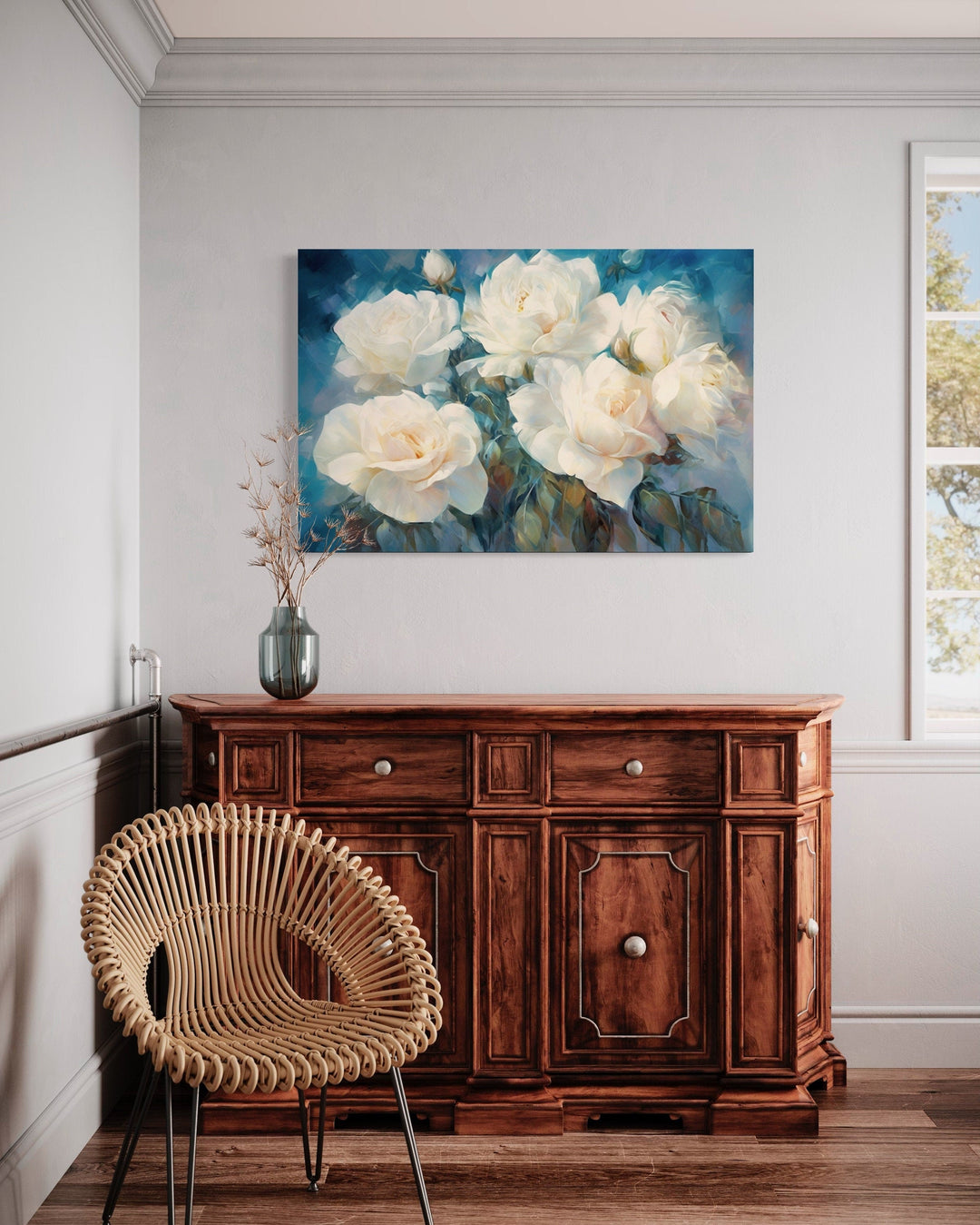 White Roses on Blue Background Abstract Framed Canvas Wall Art