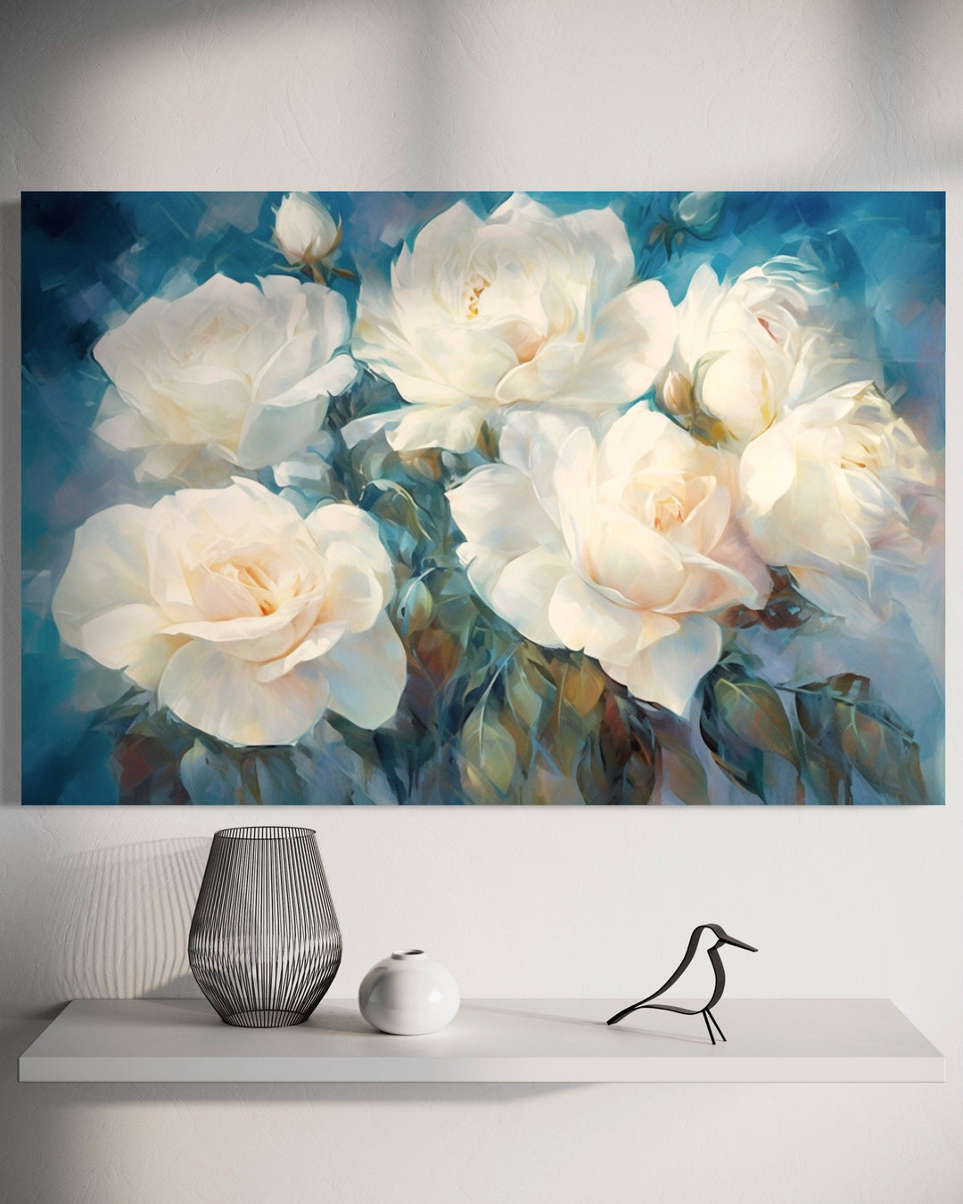 White Roses on Blue Background Abstract Framed Canvas Wall Art