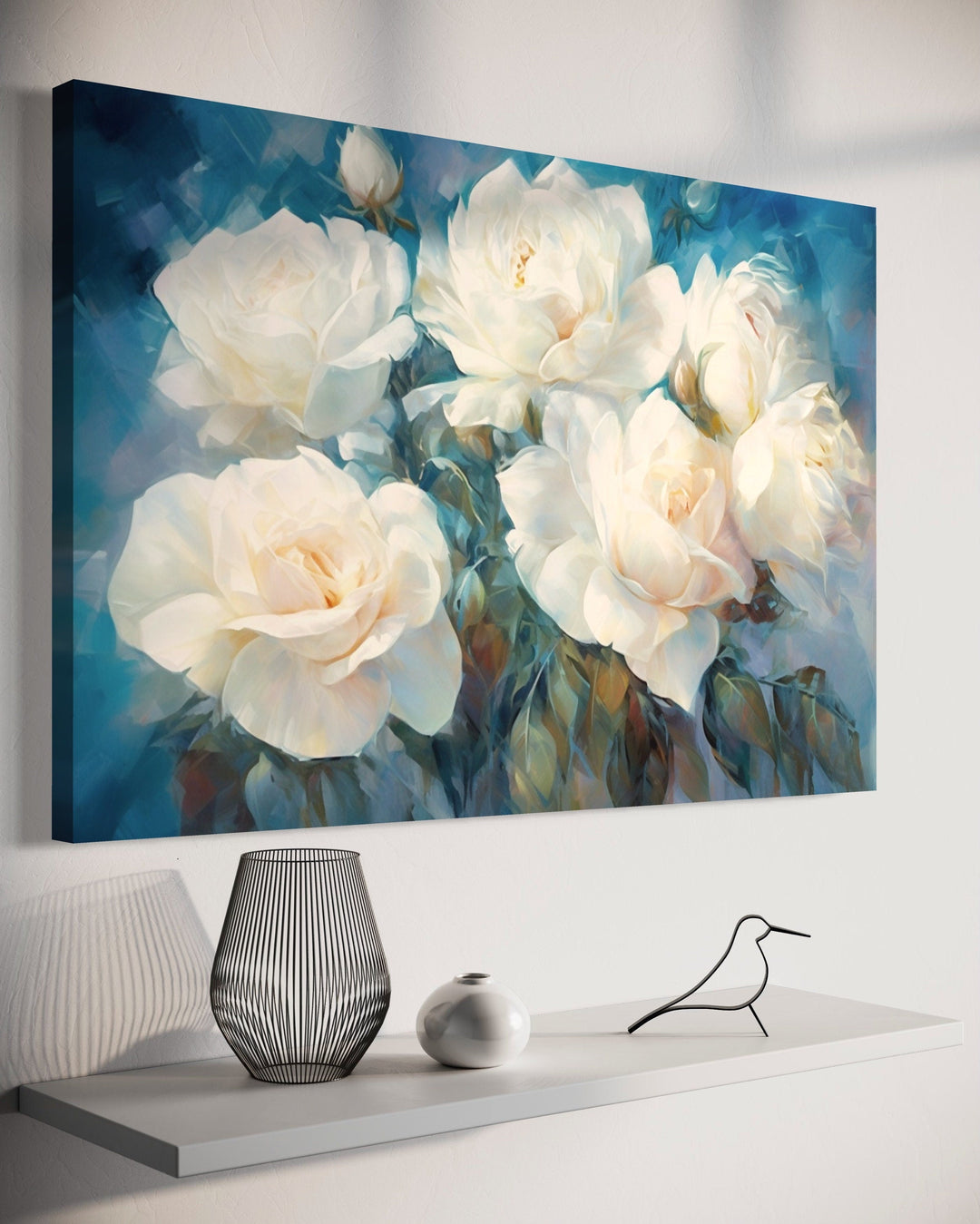 White Roses on Blue Background Abstract Framed Canvas Wall Art