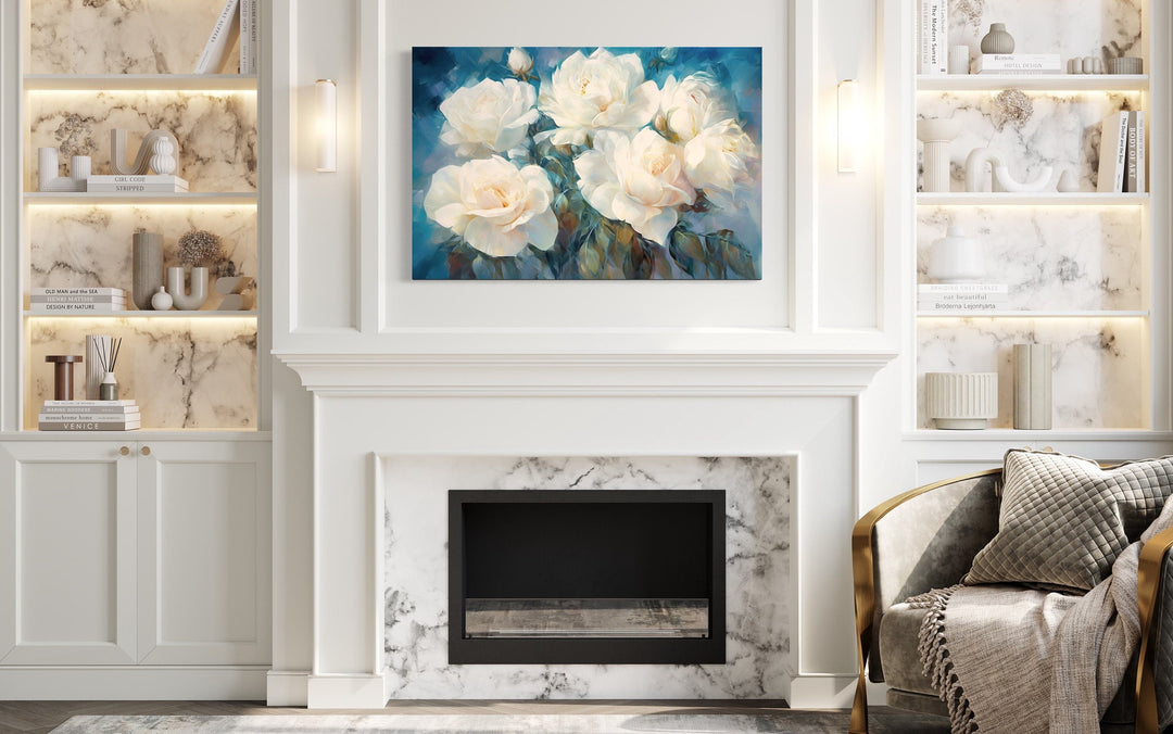 White Roses on Blue Background Abstract Framed Canvas Wall Art