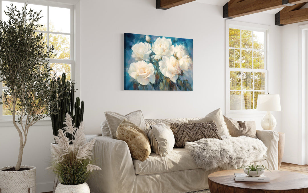 White Roses on Blue Background Abstract Framed Canvas Wall Art