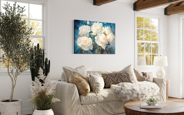 White Roses on Blue Background Abstract Framed Canvas Wall Art