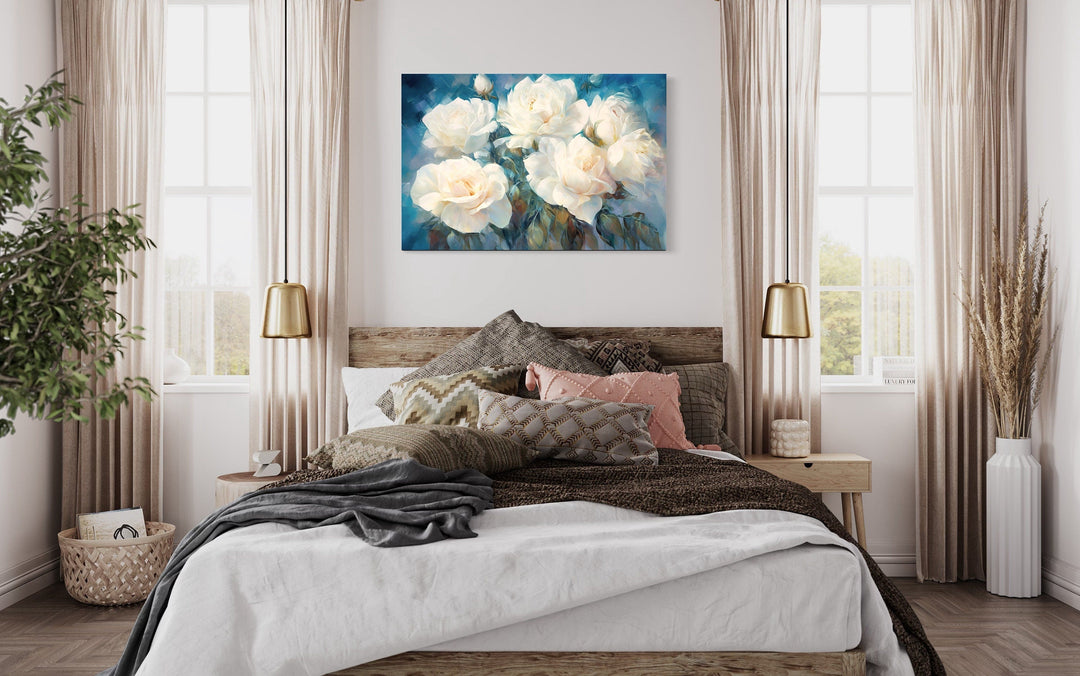 White Roses on Blue Background Abstract Framed Canvas Wall Art