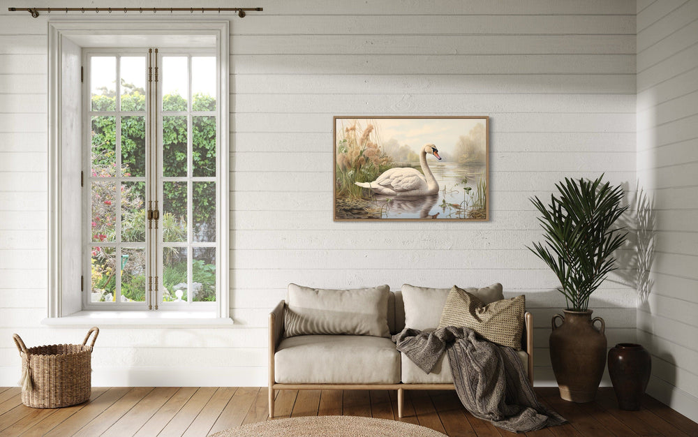 White Swan In The Lake Vintage Style Framed Canvas Wall Art