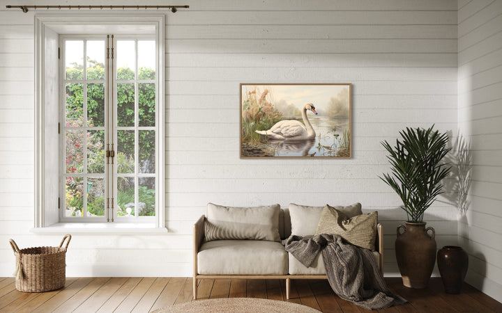 White Swan In The Lake Vintage Style Framed Canvas Wall Art