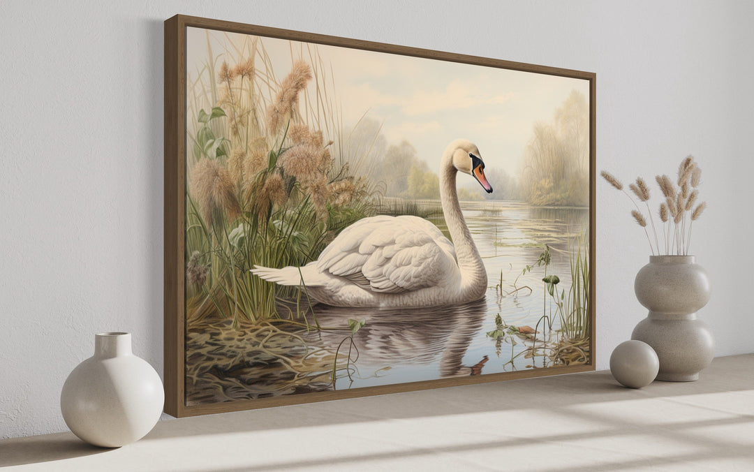 White Swan In The Lake Vintage Style Framed Canvas Wall Art