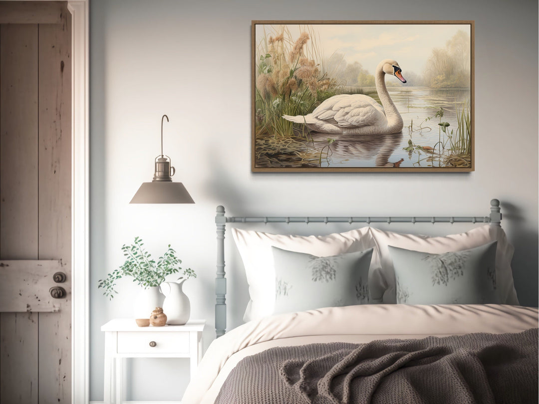 White Swan In The Lake Vintage Style Framed Canvas Wall Art