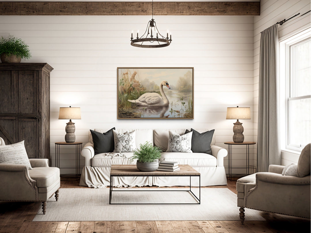 White Swan In The Lake Vintage Style Framed Canvas Wall Art