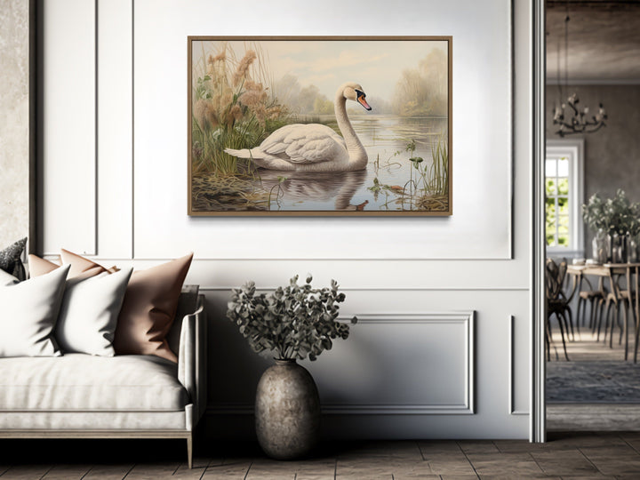 White Swan In The Lake Vintage Style Framed Canvas Wall Art