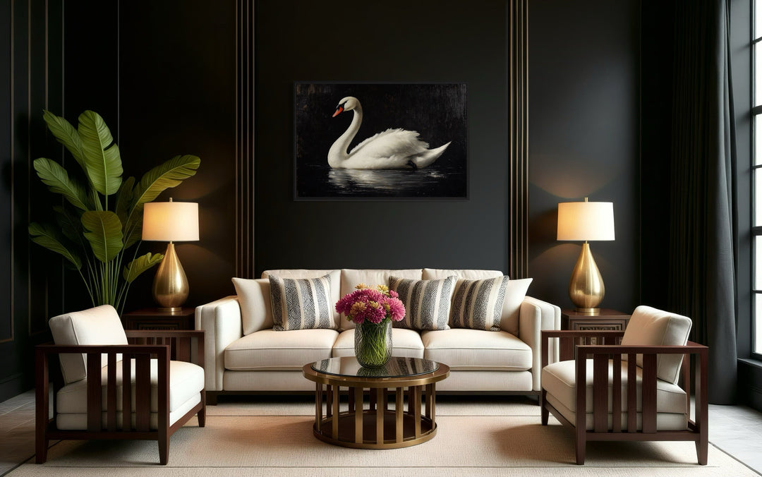 White Swan On Black Background Antique Framed Canvas Wall Art