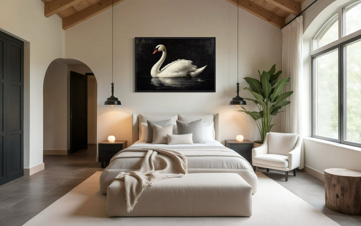 White Swan On Black Background Antique Framed Canvas Wall Art