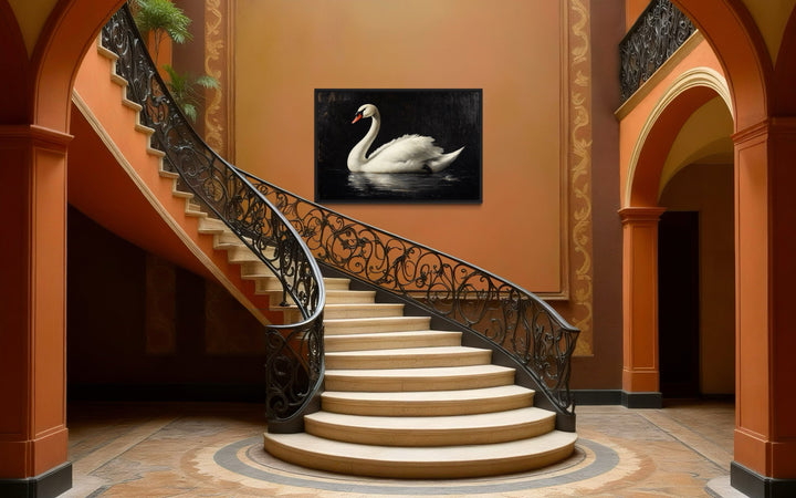 White Swan On Black Background Antique Framed Canvas Wall Art