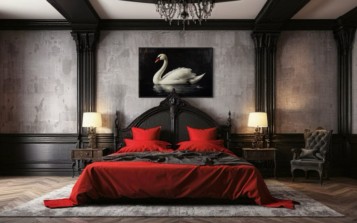 White Swan On Black Background Antique Framed Canvas Wall Art