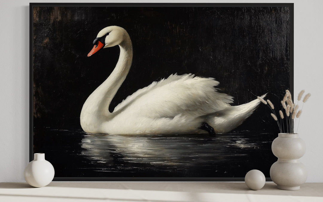 White Swan On Black Background Antique Framed Canvas Wall Art