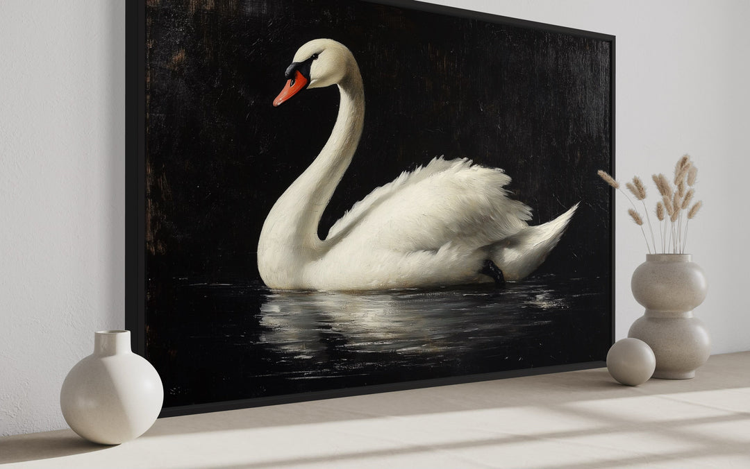 White Swan On Black Background Antique Framed Canvas Wall Art