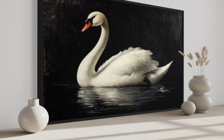 White Swan On Black Background Antique Framed Canvas Wall Art