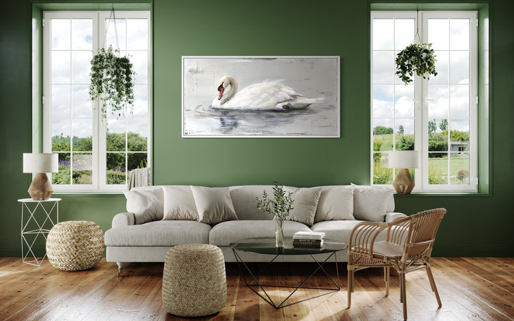 White Swan Painting On Wood Rustic Canvas Wall Art