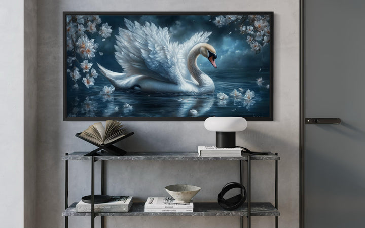 Wandbild „Weißer Schwan“ – Elegantes Leinwandbild vom mondbeschienenen See | Romantische Naturdekoration