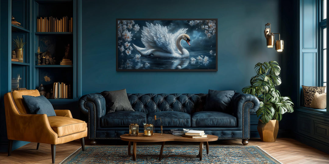 Wandbild „Weißer Schwan“ – Elegantes Leinwandbild vom mondbeschienenen See | Romantische Naturdekoration
