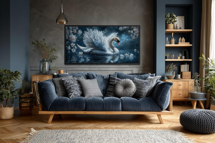 Wandbild „Weißer Schwan“ – Elegantes Leinwandbild vom mondbeschienenen See | Romantische Naturdekoration