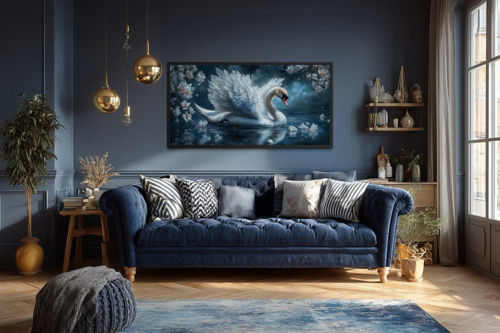 Wandbild „Weißer Schwan“ – Elegantes Leinwandbild vom mondbeschienenen See | Romantische Naturdekoration