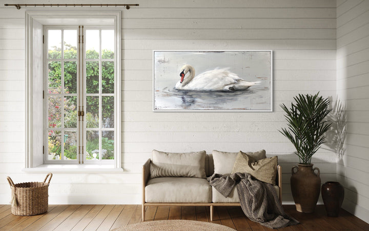 White Swan Wall Art - Rustic Canvas Painting | Farmhouse Wooden Decor