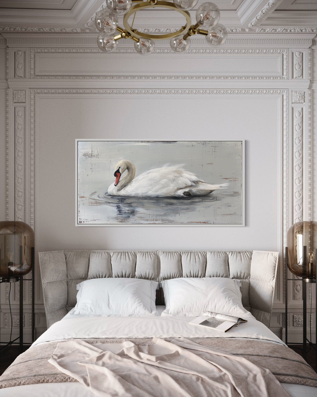 White Swan Wall Art - Rustic Canvas Painting | Farmhouse Wooden Decor