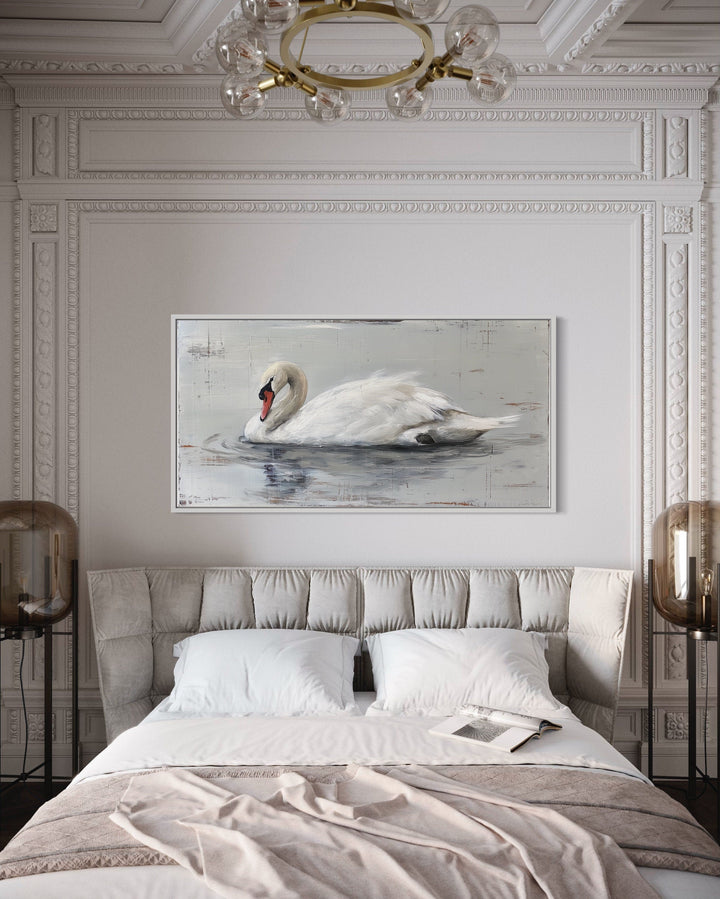 White Swan Wall Art - Rustic Canvas Painting | Farmhouse Wooden Decor