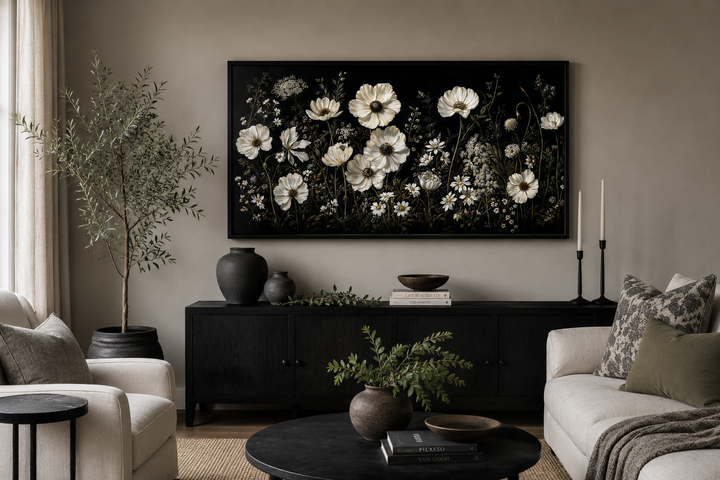 Framed canvas wall art of white wildflowers on a moody black background in a living room setting.