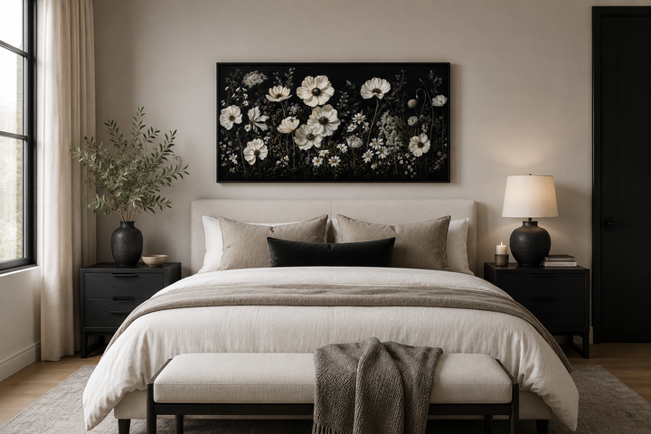 Framed canvas wall art of white wildflowers on a black background above a bed in a neutral bedroom.