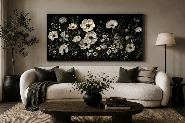 Framed canvas wall art of white wildflowers on a moody black background above a white sofa.