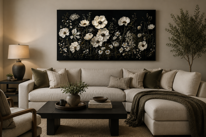 White wildflowers on black background moody framed canvas wall art above a neutral sofa.