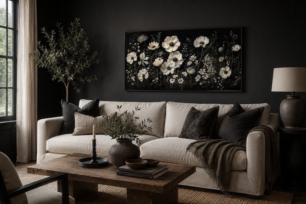 White wildflowers on black background moody framed canvas wall art above a beige sofa.