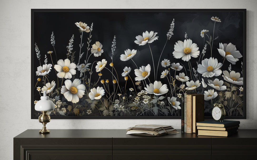 White Wildflowers On Black Background Moody Framed Canvas Wall Art