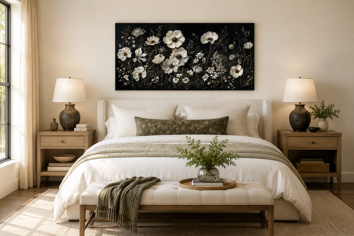 Framed canvas wall art featuring white wildflowers on a moody black background above a bed.